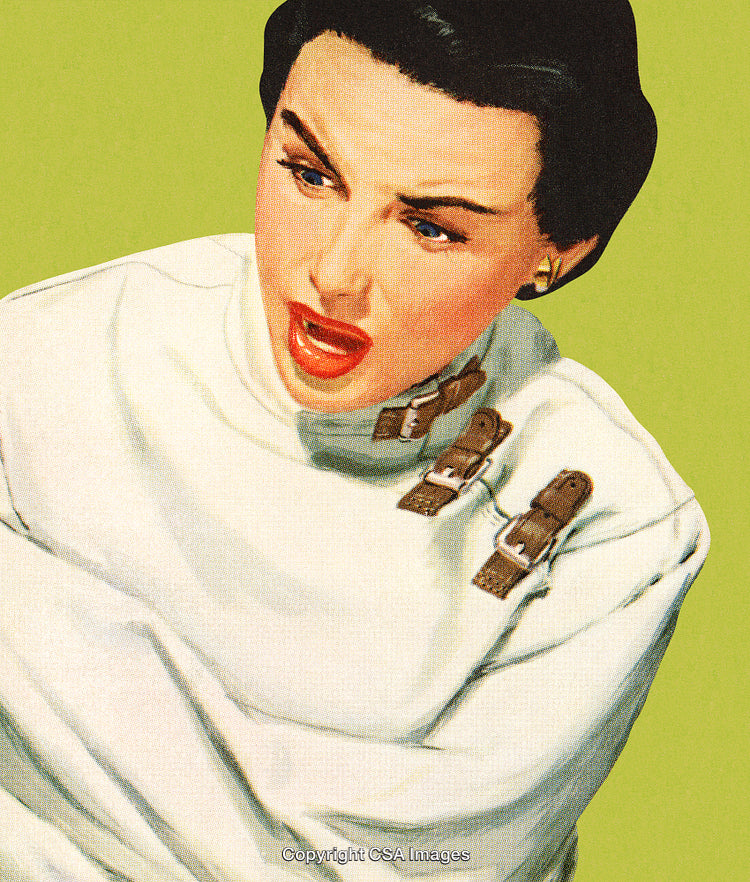 Vintage Illustration of a Woman in a Striking Expression Against Green Background