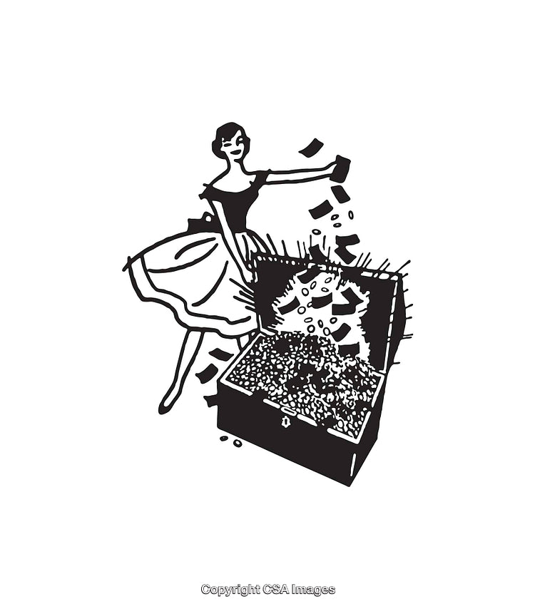 Woman Opening a Treasure Chest With Glittering Contents in Line Art