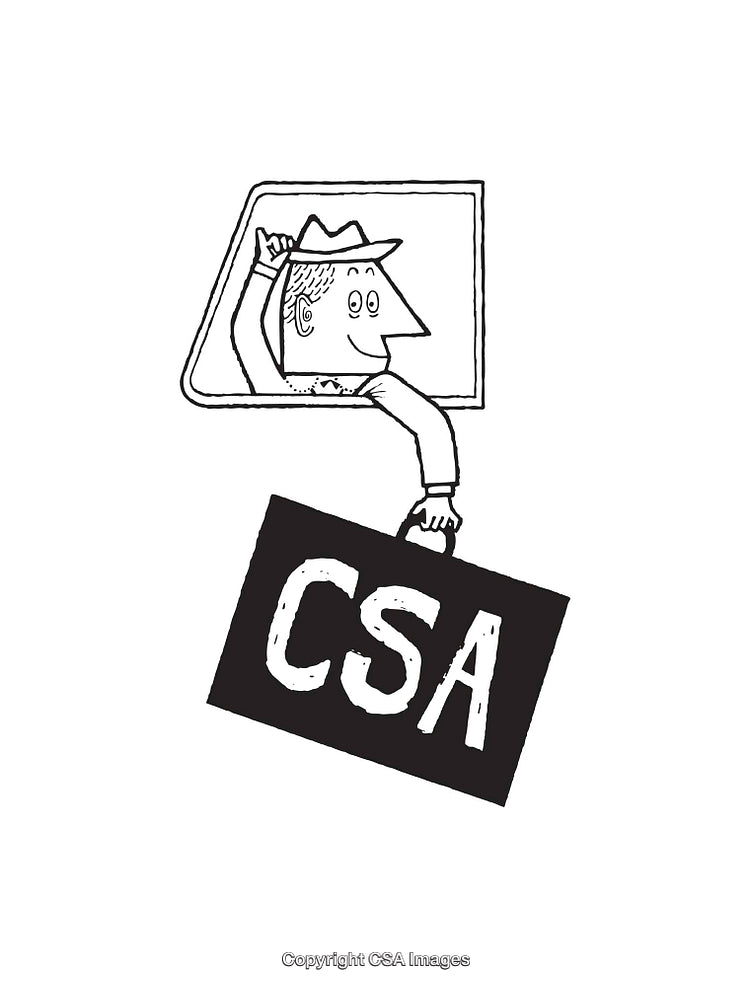 Black and White Drawing of a Man Holding a CSA Sign