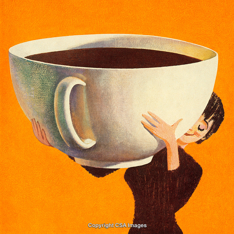 Illustration of Person Holding a Giant Coffee Cup in a Joyful Embrace