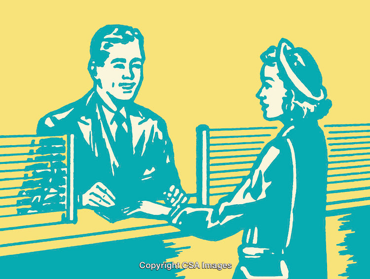 Vintage Style Illustration of Banking Interaction in Colorful Line Art Style