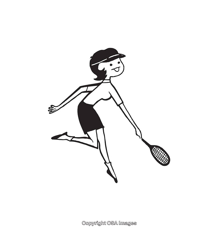 Black and White Line Art of a Woman Playing Tennis