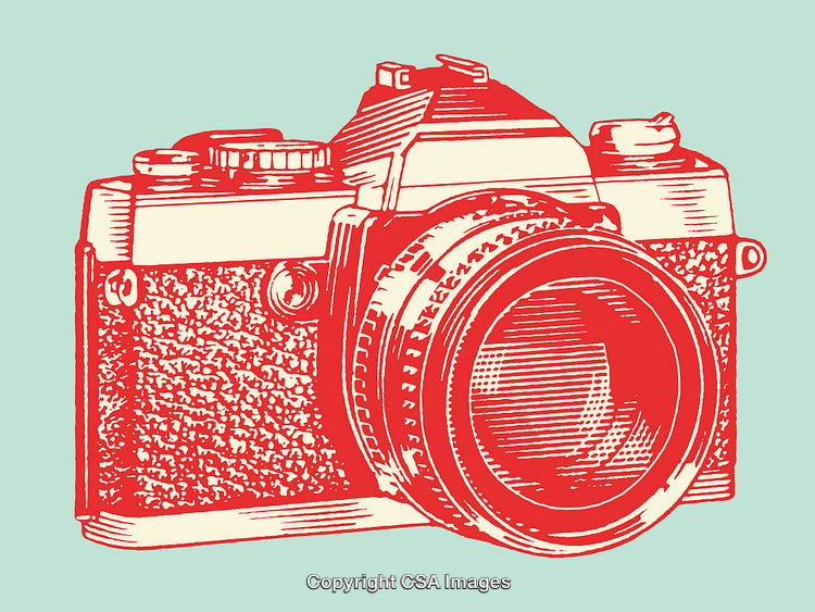 Vintage Camera Illustration in Retro Red Color on Blue Background
