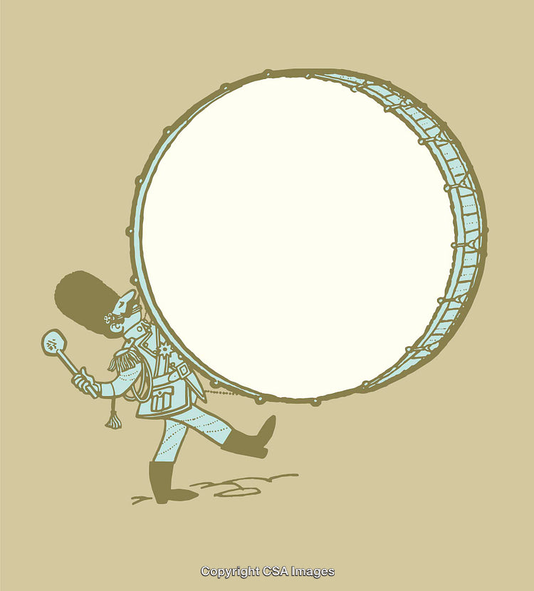 Retro Line Art of a Drummer Carrying a Bass Drum