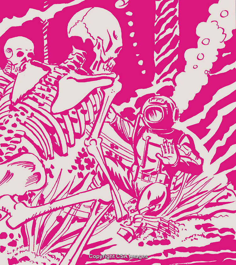 Vibrant Illustration of Diver Unearthing Skeleton Underwater Among Ocean Currents and Plants