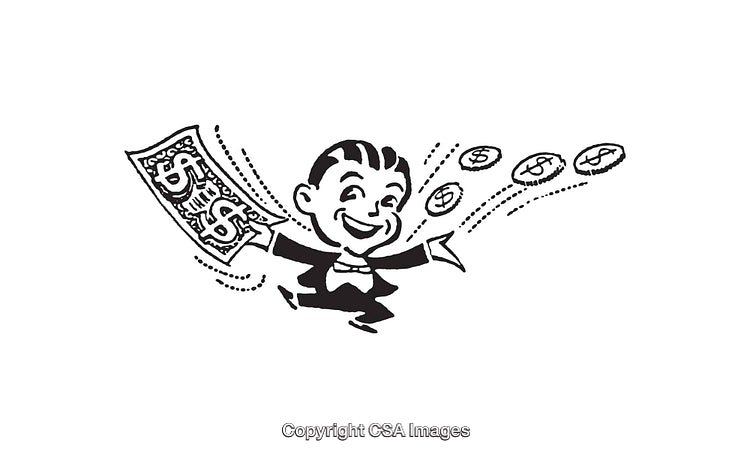 Vintage Black and White Illustration of a Happy Businessman with Money