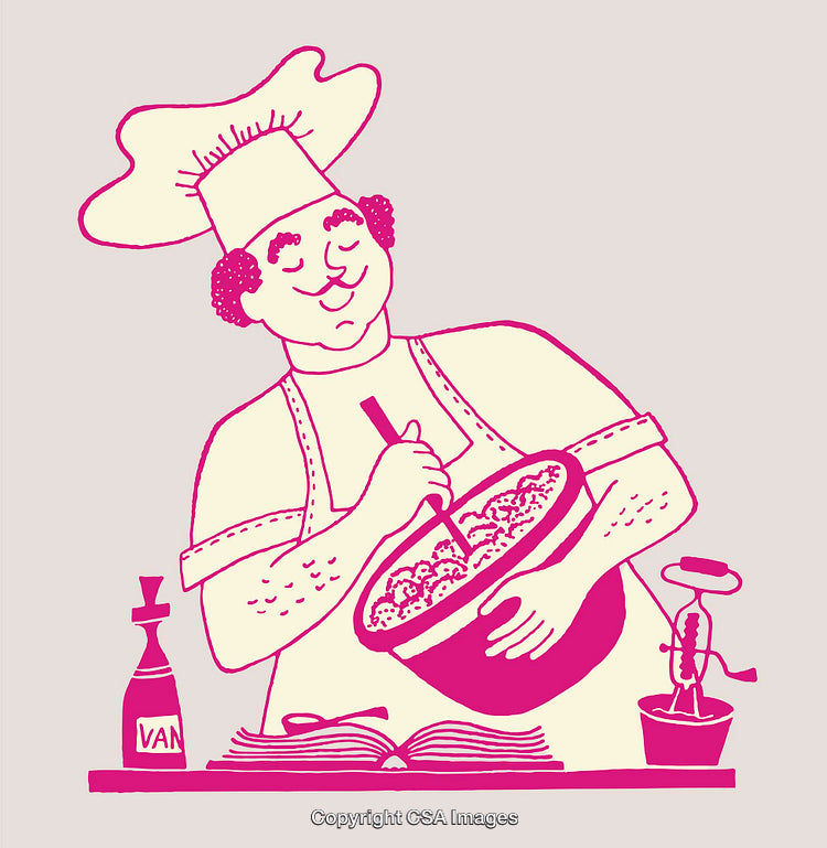 Illustration of Chef Preparing a Recipe with Ingredients in a Kitchen