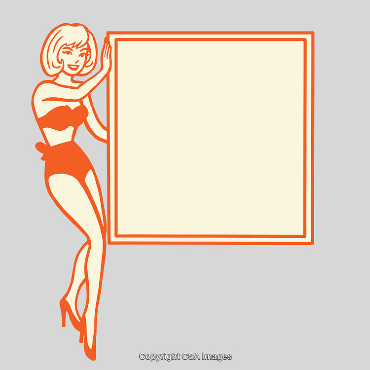 Retro Line Art Illustration of a Woman Holding a Blank Square Frame