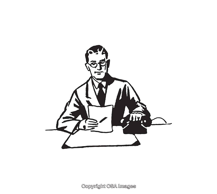 Classic Black and White Illustration of a Man at Work Desk