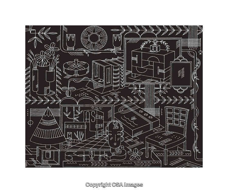 Black and White Line Art with Intricate Geometric Patterns