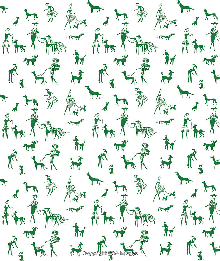 Green Illustrative Pattern of People and Dogs on White Background
