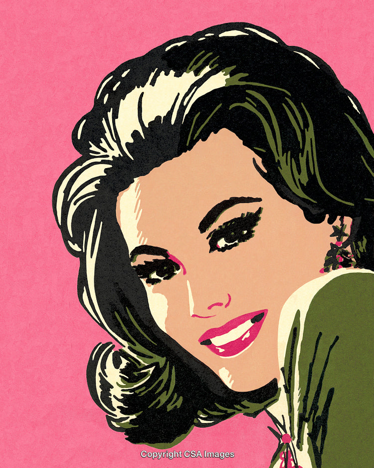 Retro Illustration of Smiling Woman with Vintage Style on Pink Background