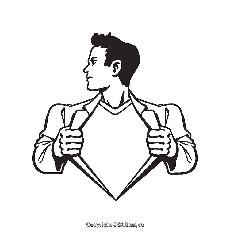 Black and White Illustration of a Heroic Figure Opening Shirt