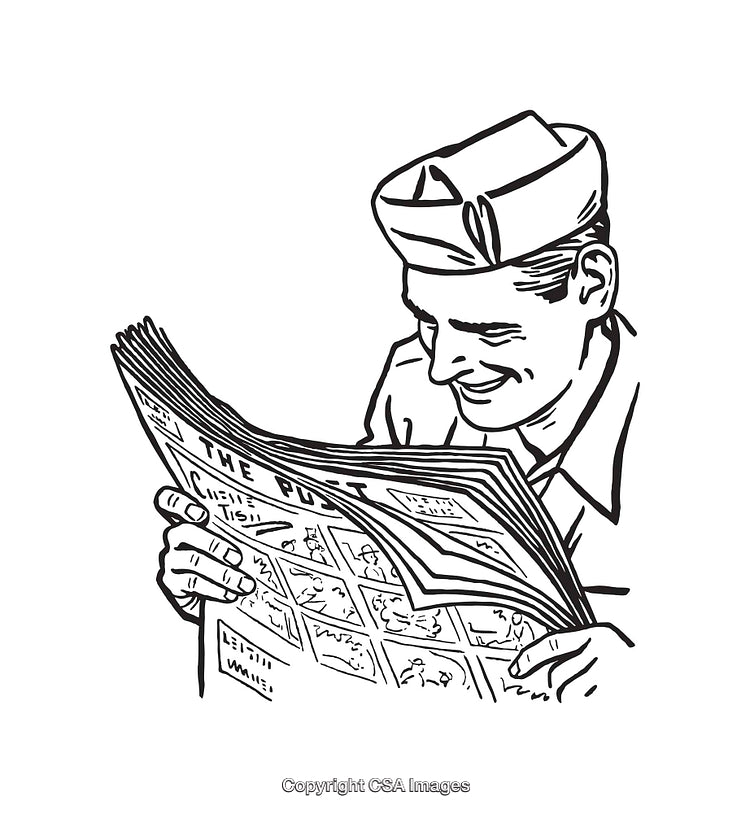Black and White Line Art of Smiling Man Reading Newspaper