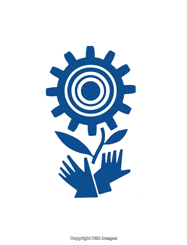 Blue Icon Featuring Hands, Plant, and Gear on White Background