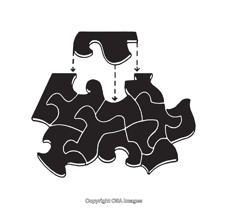 Black and White Illustration of Puzzle Pieces and Connections