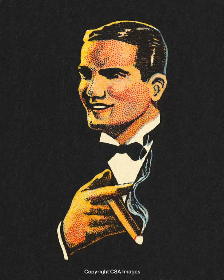 Vintage Illustration of Smiling Man in Formal Attire Holding a Cigar