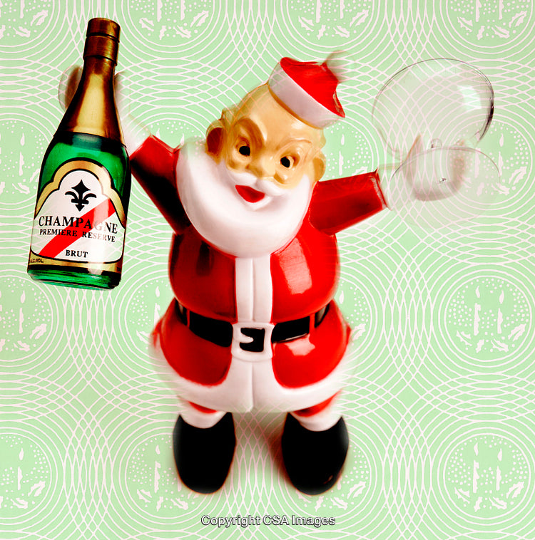 Festive Santa Claus Toy Holding Champagne Bottle on Decorative Background