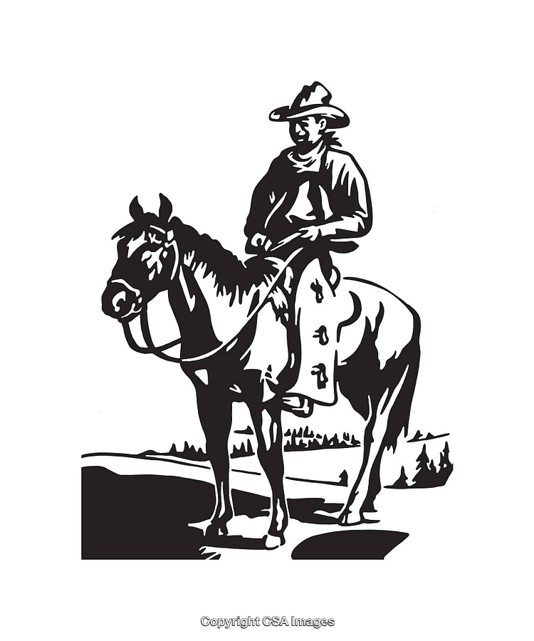 Black and White Line Art of Cowboy Riding a Horse Outdoors
