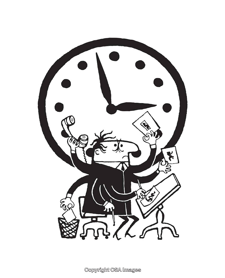 Black and White Illustration of Multitasking Person and a Clock