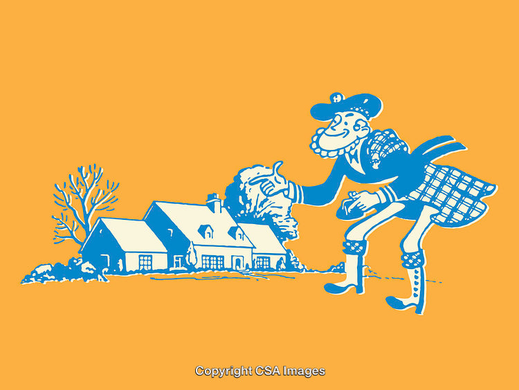 Colorful Illustration of a Scottish Character and Cottage Scene in Retro Style