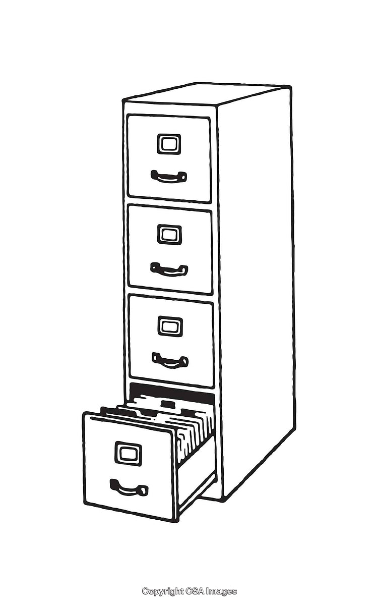 Black And White Line Drawing of a Filing Cabinet with Drawers Open