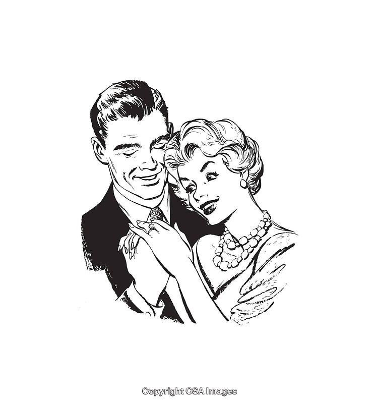 Retro Black and White Line Art of a Smiling Couple