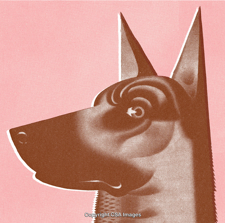 Vintage Stylized Illustration of a Dog with Pink Background and Artistic Details