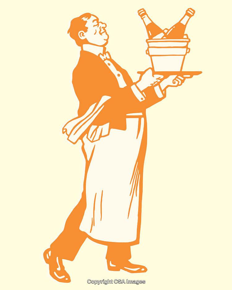 Retro Style Line Art Illustration of a Waiter Serving Champagne