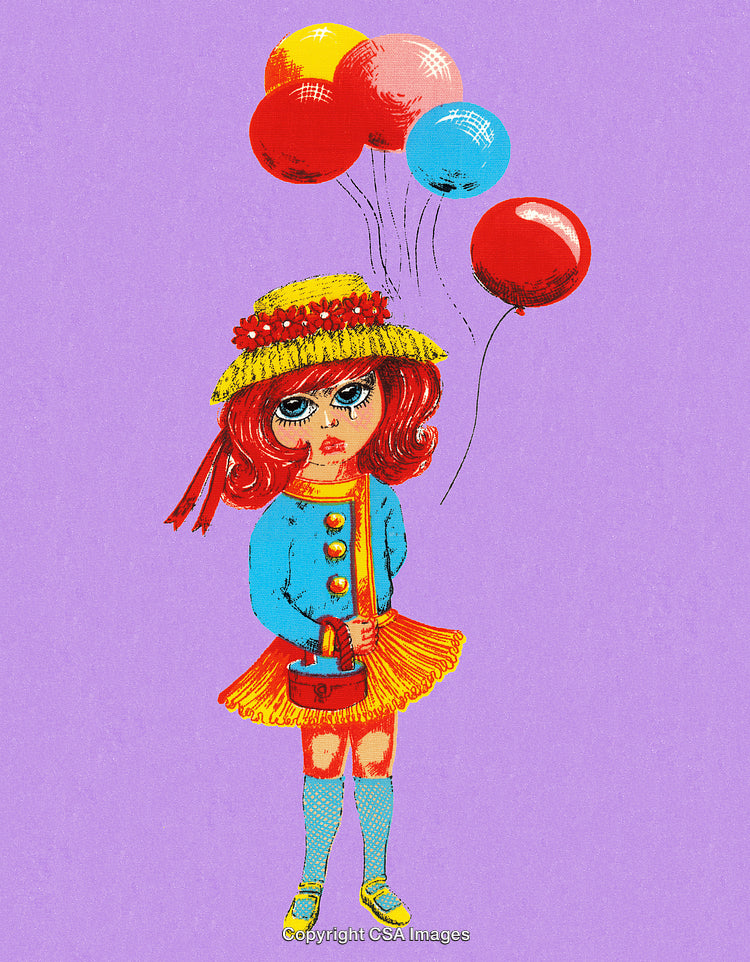 Illustration of a Child Holding Balloons on a Purple Background