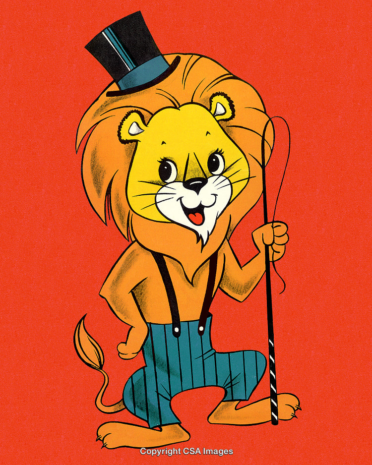 Charming Cartoon Lion Dressed in Costume with Suspenders and Top Hat