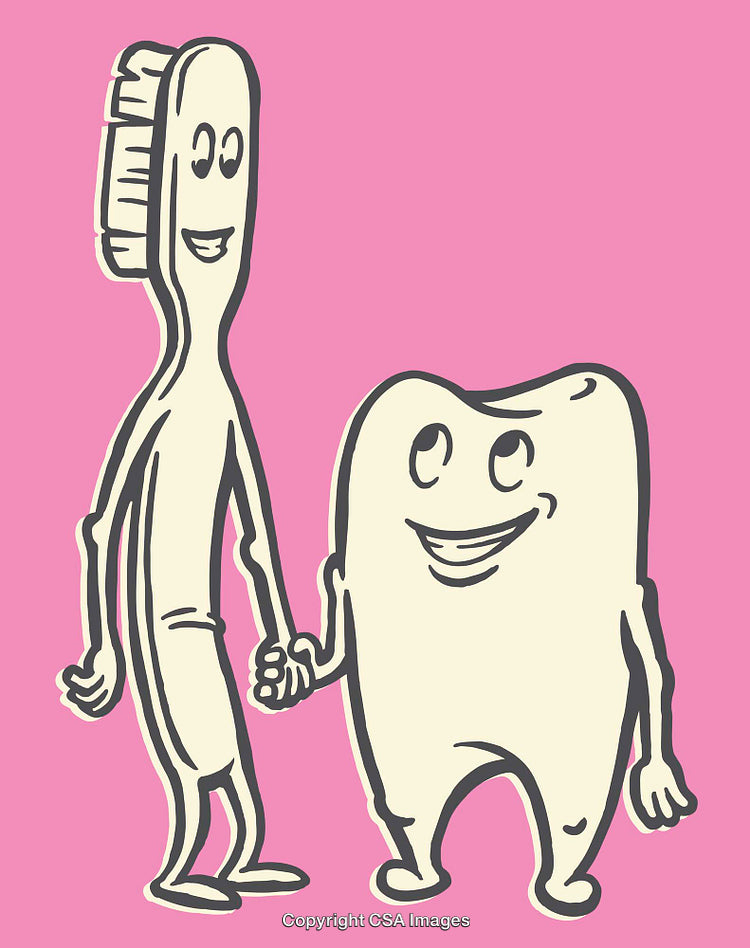 Cartoon Tooth and Toothbrush Holding Hands on a Pink Background