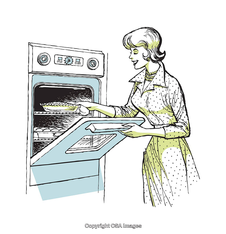 Vintage Style Illustration of Woman Baking in a Retro Kitchen