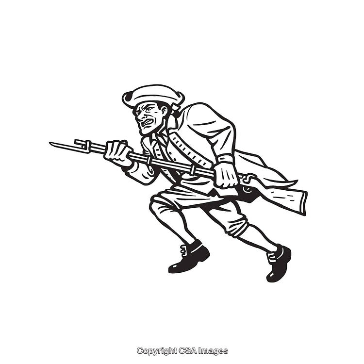 Vintage Line Art of a Revolutionary War Soldier in Action Pose