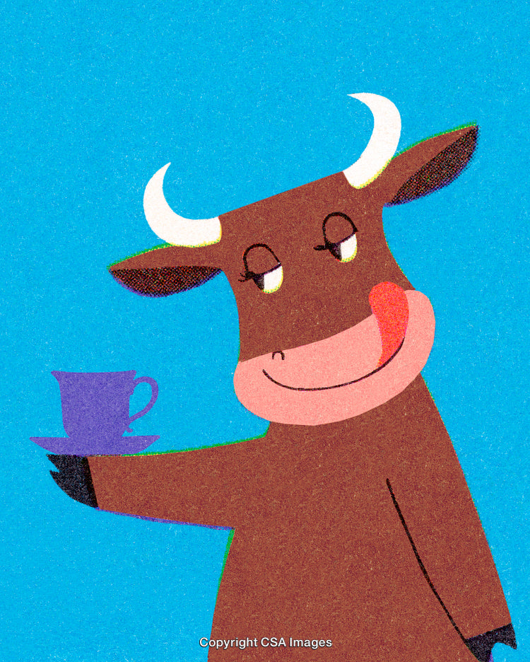 Cartoon Cow Enjoying a Hot Beverage on a Bright Blue Background