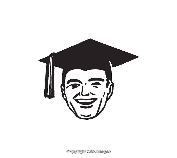 Black and White Icon of a Laughing Graduate with Mortarboard