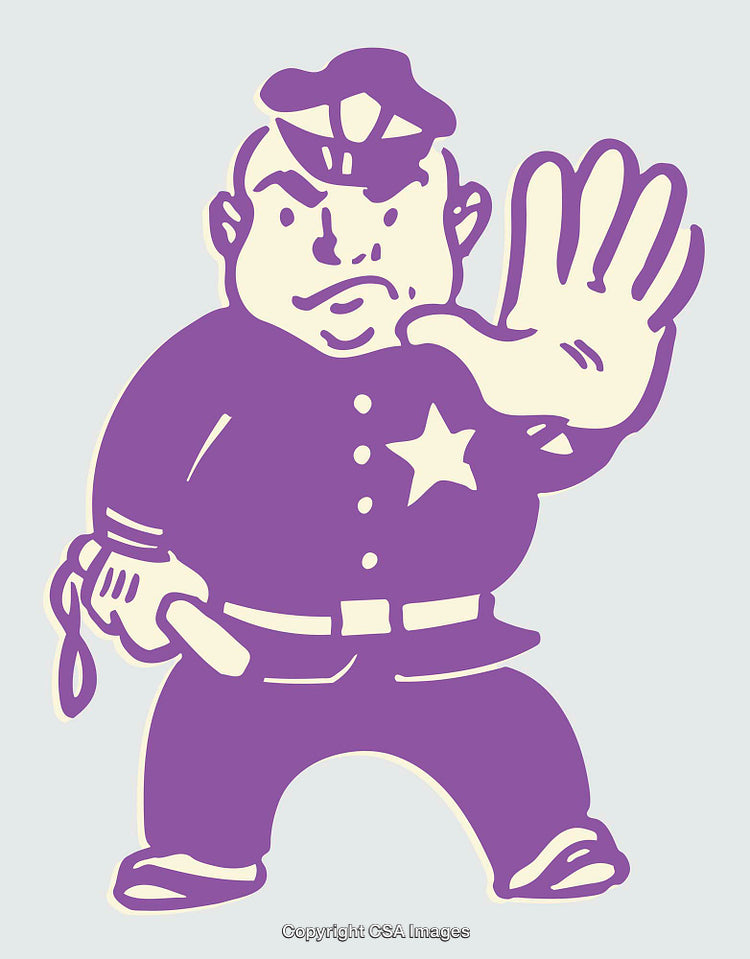 Cartoon Illustration of Police Officer Gesturing Stop with Serious Expression