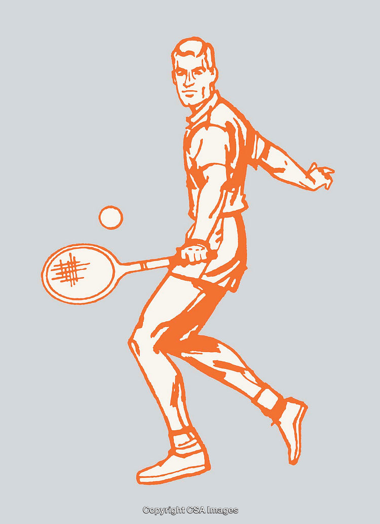 Vintage Style Illustration of Tennis Player in Orange Line Art Design