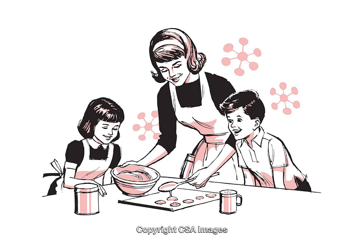 Mother and Children Baking Together in Retro Style Illustration