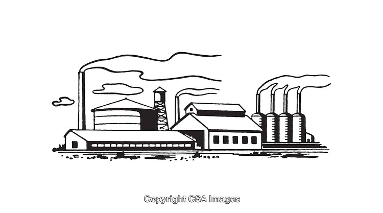 Black And White Industrial Line Art Illustrating Silo and Factory Design