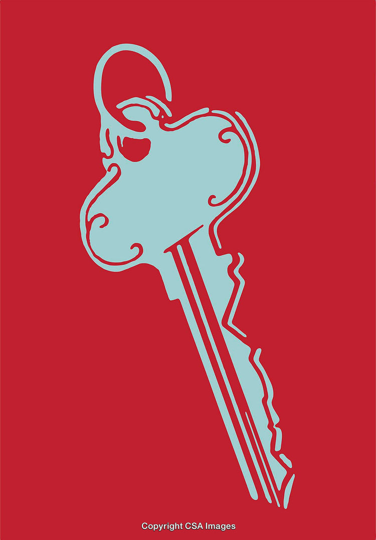 Minimalistic Blue Key Illustration on Bold Red Background