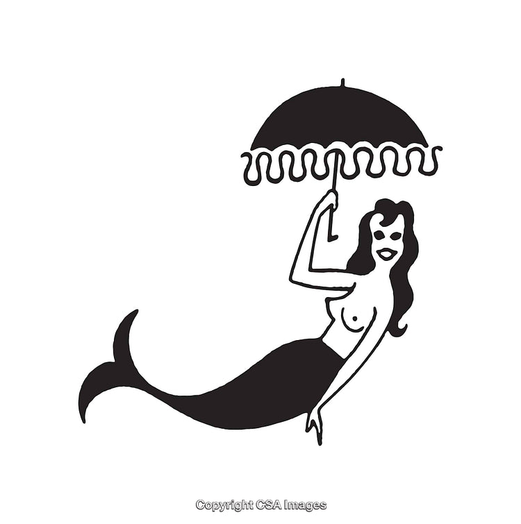 Line Art Mermaid Holding Umbrella in Black and White Illustration