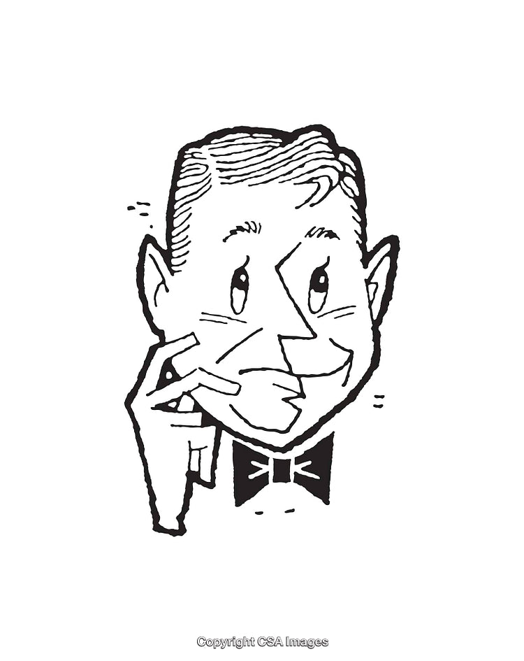 Retro Black and White Line Art of a Smiling Gentleman's Face