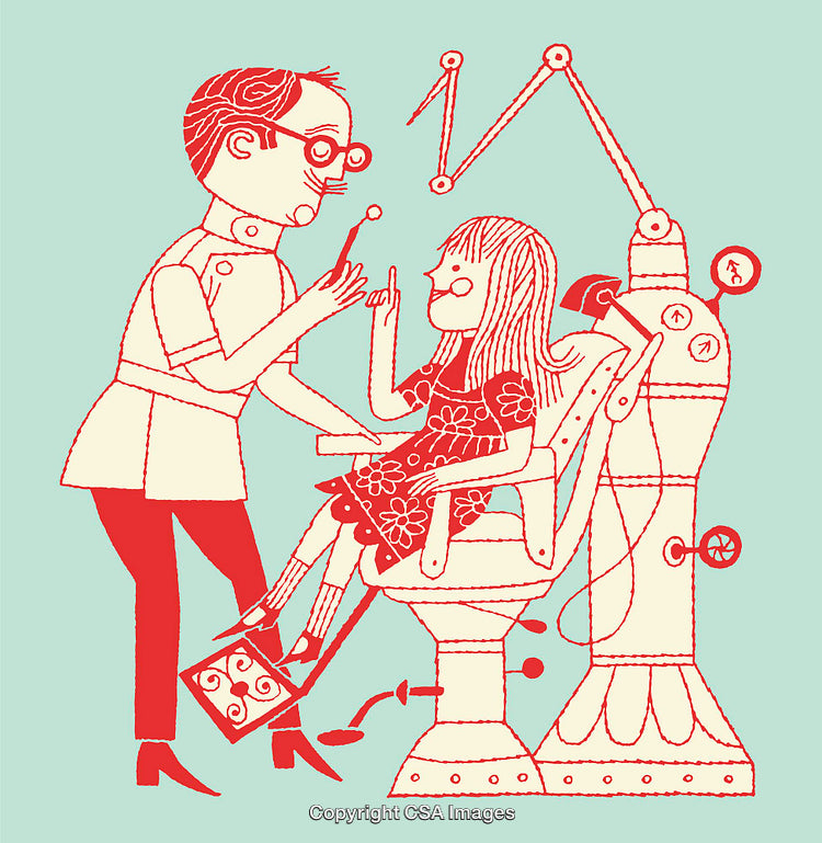 Colorful Line Art Illustration of a Dentist With a Child in a Chair