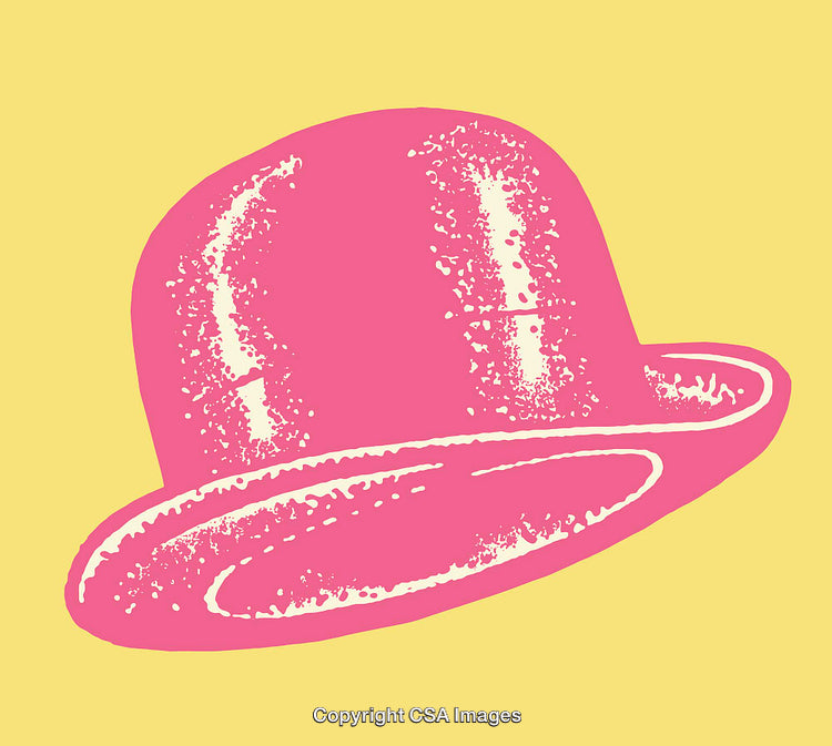 Pink Bowler Hat Line Art on Yellow Background