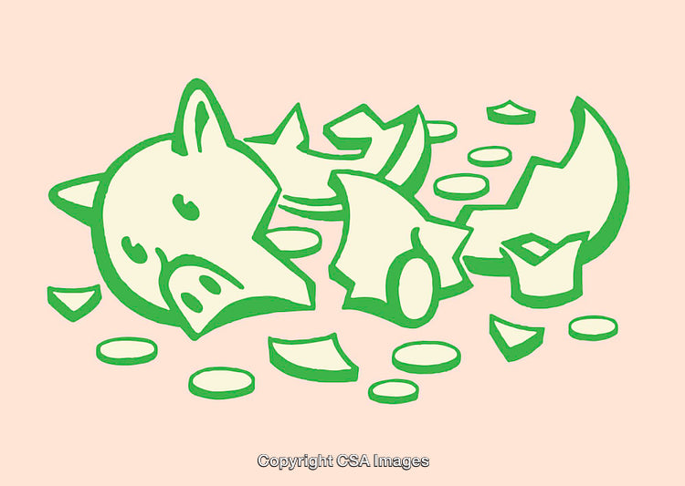 Illustrated Green Broken Piggy Bank with Coins on Pastel Background