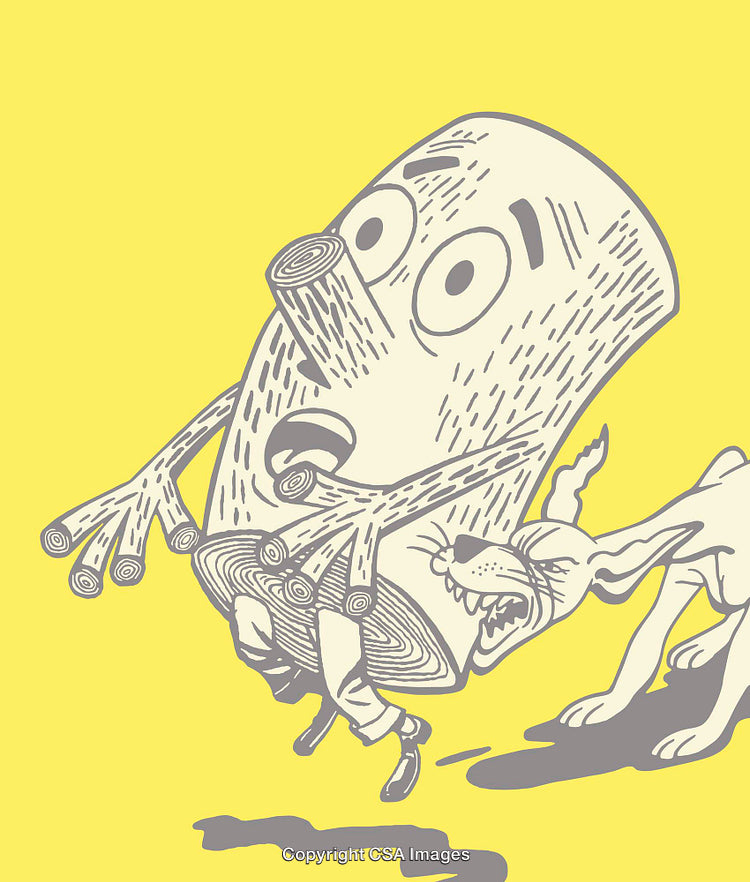 Humorous Illustration of Log Character and Aggressive Dog Interaction