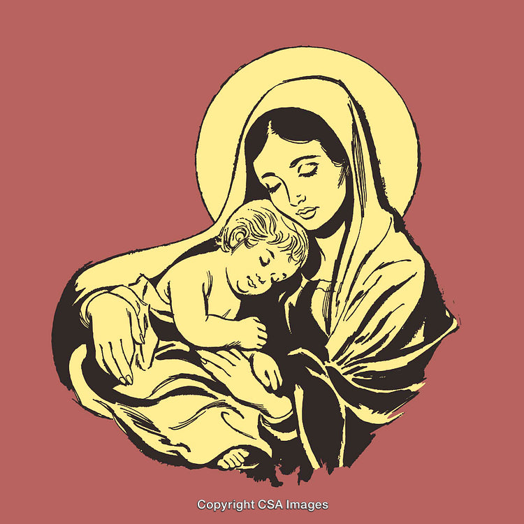 Colorful Religious Illustration of Mother and Child with Holy Halo