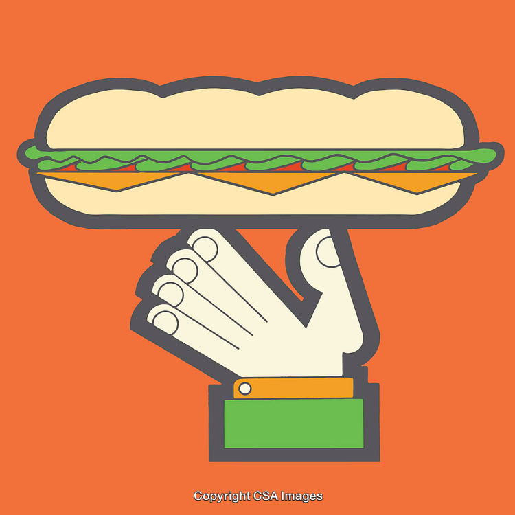 Hand Holding Sandwich on Orange Background in Colorful Line Art Style