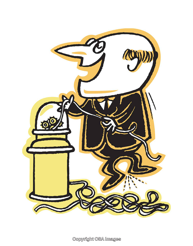 Humorous Cartoon of Inventor Fixing Steampunk Machine with Tools